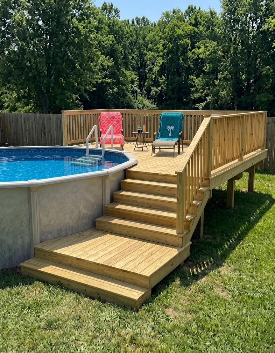 Pool deck with railing and stairs