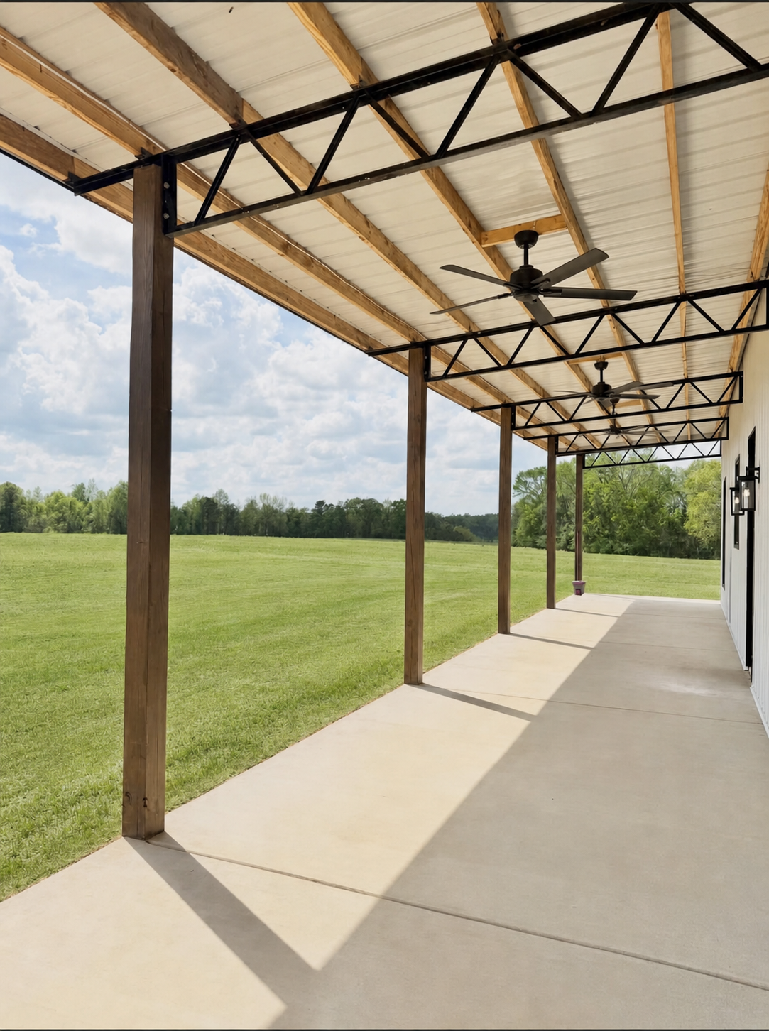 Ranch style covered porch with ceiling fans